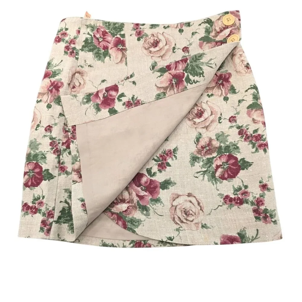 Vtg 90s Cottontail Originals Floral Linen Cotton Wrap Mini Skirt Jrs 7‎ XS 24.5w